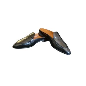 Black Leather Pointed Penny Loafer Mules - Women